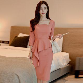 3/4-sleeve Asymmetrical Peplum Dress