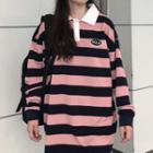 Polo-neck Striped Pullover Stripes - Pink & Black - One Size