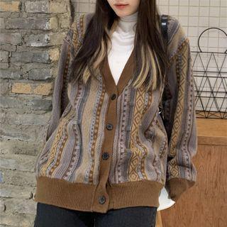 Long-sleeve Pattern Cardigan Coffee - One Size