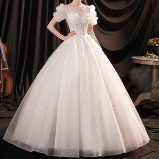 Puff-sleeve Ruffled A-line Wedding Gown