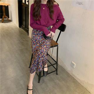 Long-sleeve T-shirt / Floral Midi Skirt