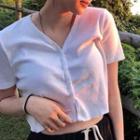 Short-sleeve Button-up V-neck Cropped T-shirt