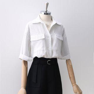 Pinstriped Flap-pocket Elbow-sleeve Blouse
