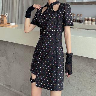 Short-sleeve Heart Print Cutout Mini Sheath Qipao Dress
