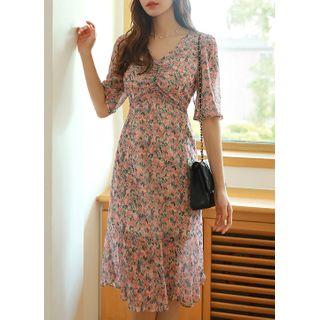 Puff-sleeve Shirred Floral Midi Chiffon Dress