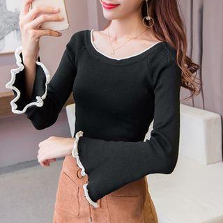 Bell Sleeve Contrast Trim Sweater
