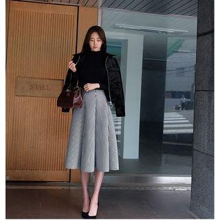 Set: Mock Neck Long-sleeve Knit Top + Striped A-line Midi Skirt