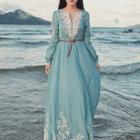 Long-sleeve Embroidered A-line Maxi Dress