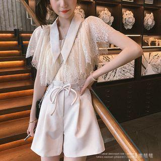 Set: Collared Short-sleeve Lace Top + Shorts