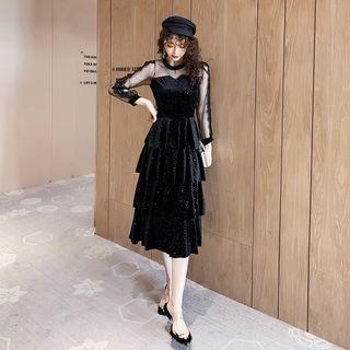 Long-sleeve Glitter Midi Tiered Velvet Dress