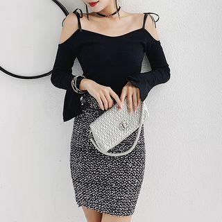 Set: Off Shoulder Long-sleeve Knit Top + Pencil Skirt