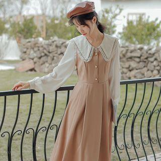Set: Lace Trim Shirt + Midi Overall Dress