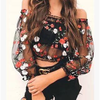 Flower Embroidered Off-shoulder Cropped Mesh Blouse