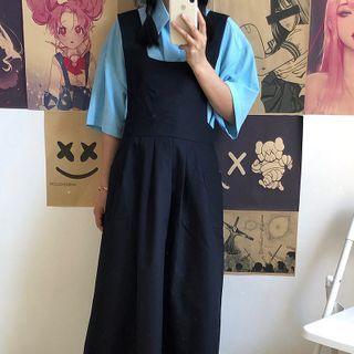 Plain Short-sleeve Shirt / Midi A-line Pinafore Dress