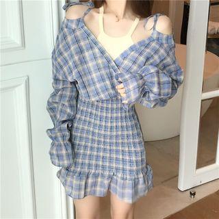 Cold-shoulder Knit Panel Plaid Smocked Mini Dress