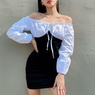 Off-shoulder Shirred Paneled Sheath Dress