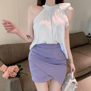 Sleeveless Plain Blouse / Asymmetrical Mini Pencil Skirt