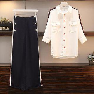 Set: 3/4-sleeve Color Panel Shirt + Wide-leg Pants