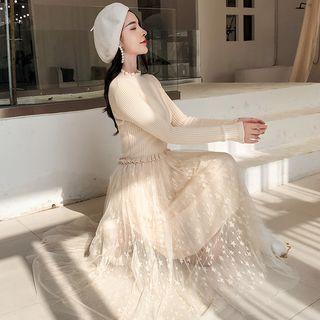 Long-sleeve Knit Panel Maxi A-line Star Mesh Dress