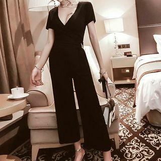 Set: Plain Short Sleeve V-neck Top + Wide Leg Pants