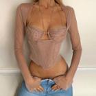 Plain Halter-neck Long Sleeve Mesh Top