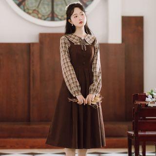 Set: Plaid Shirt + Midi Overall Dress