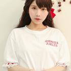 Puff-sleeve Lettering Heart Embroidered Top