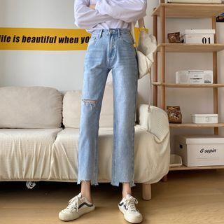 High-waist Frayed Ripped Jeans