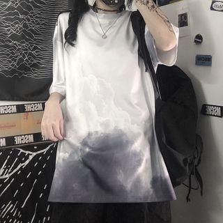 Elbow-sleeve Gradient Print T-shirt