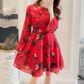 Long-sleeve Floral Print Cutout Dress