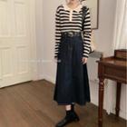 Denim Midi A-line Skirt / Collared Striped Knit Top