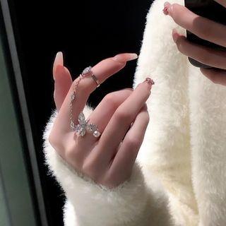Butterfly Rhinestone Chain Double Open Ring Silver - One Size