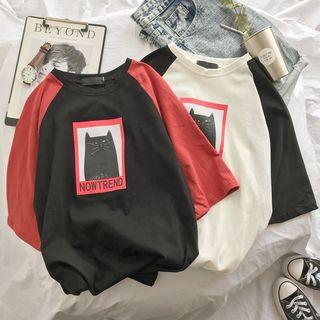 Cat Print Raglan Elbow Sleeve T-shirt