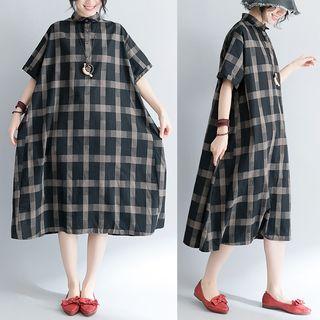 Plaid Short-sleeve Loose Fit Shirtdress