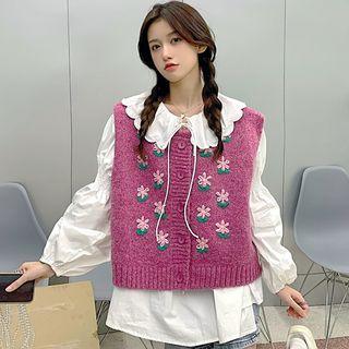 Flower Embroidered Button-up Knit Vest / Lantern-sleeve Peter Pan-collar Blouse
