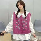 Flower Embroidered Button-up Knit Vest / Lantern-sleeve Peter Pan-collar Blouse