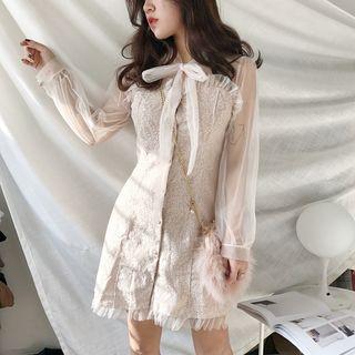 Tie-neckline Mesh-panel Shirtdress