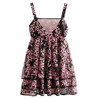 Spaghetti Strap Floral Sequined Mini A-line Layered Dress