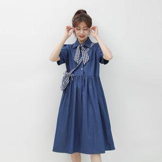 Short-sleeve Denim Midi A-line Shirtdress Dark Blue - One Size