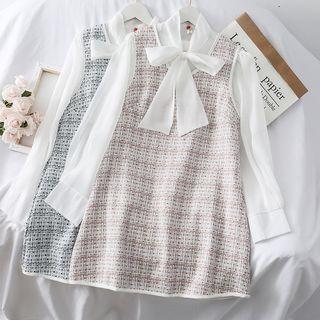 Set: Ribbon-neckline Plaid Shirt + Tank Dress