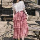 Set: Tie-neck Short-sleeve Lace Top + Gingham Layered Midi Skirt