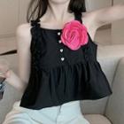 Ruffle Strap Camisole Top / Floral Brooch
