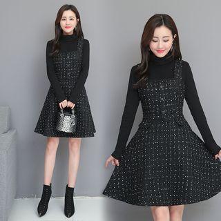 Set: Turtleneck Long-sleeve Knit Top + Dotted Tweed Pinafore Dress