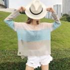 Long-sleeve Ripped Two-tone Sweater As Ahown In Figure - One Size