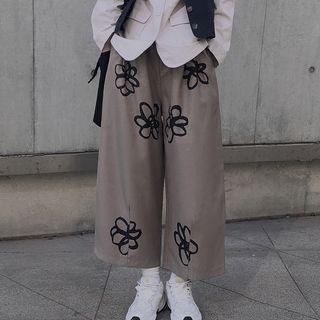 Drawstring-waist Floral Print Wide-leg Pants
