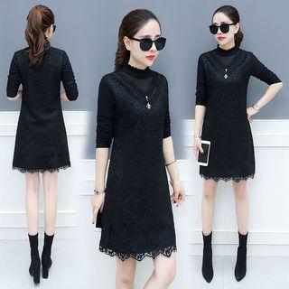 Long-sleeve Mock Neck Mini Lace Dress