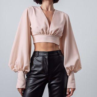 Bishop-sleeve V-neck Cropped Blouse