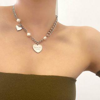 Heart Pendant Freshwater Pearl Alloy Choker A - Silver - One Size