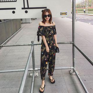 Off-shoulder Pattern Wide-leg Jumpsuit