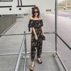 Off-shoulder Pattern Wide-leg Jumpsuit